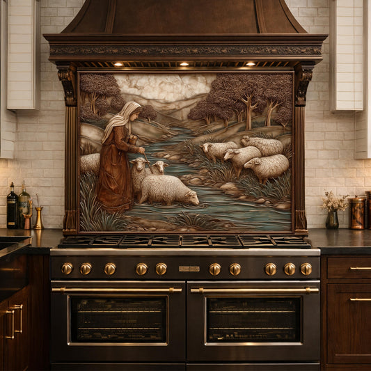 Pastoral Shepherdess and Flock Tempered Glass Backsplash, Copper Relief Look Wall Panel, Stove Guard