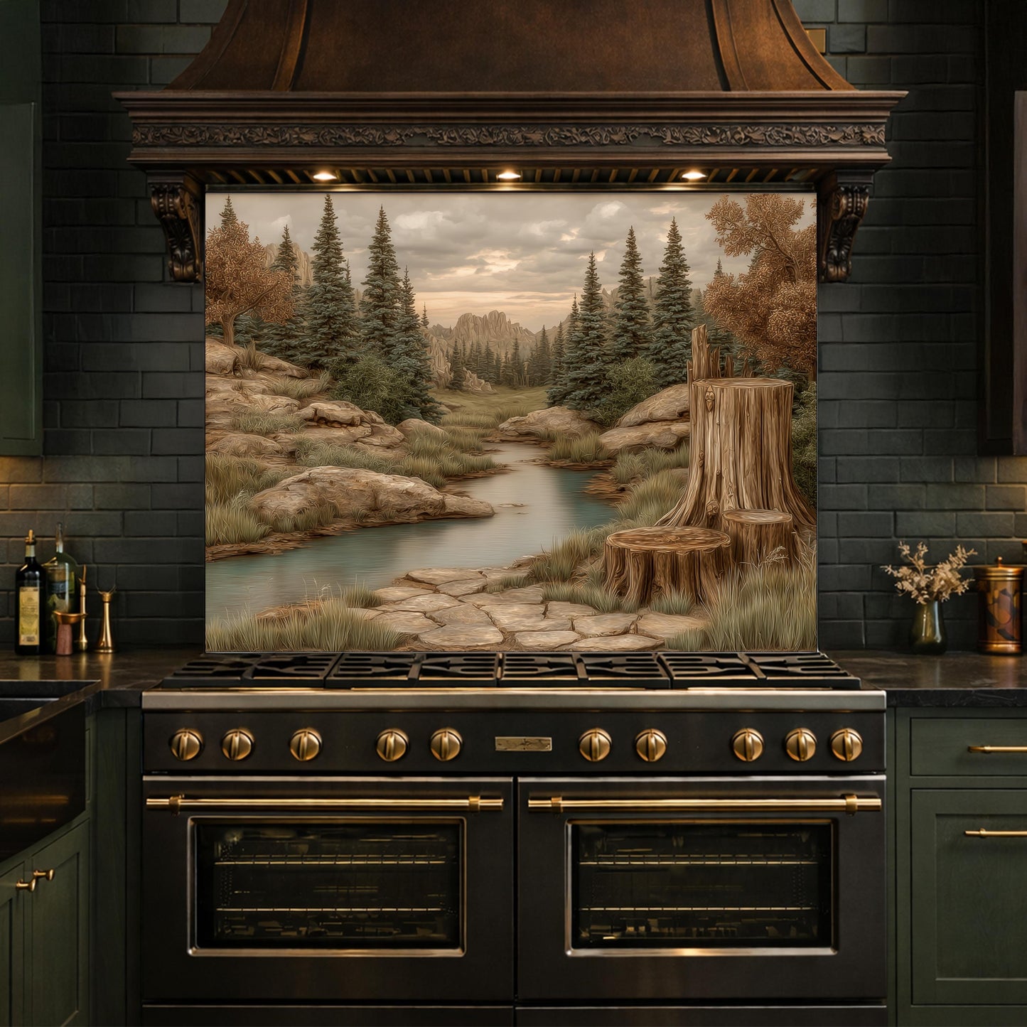 Mountain Wilderness Tempered Glass Backsplash, Copper Relief Look Wall Panel, Stove Guard