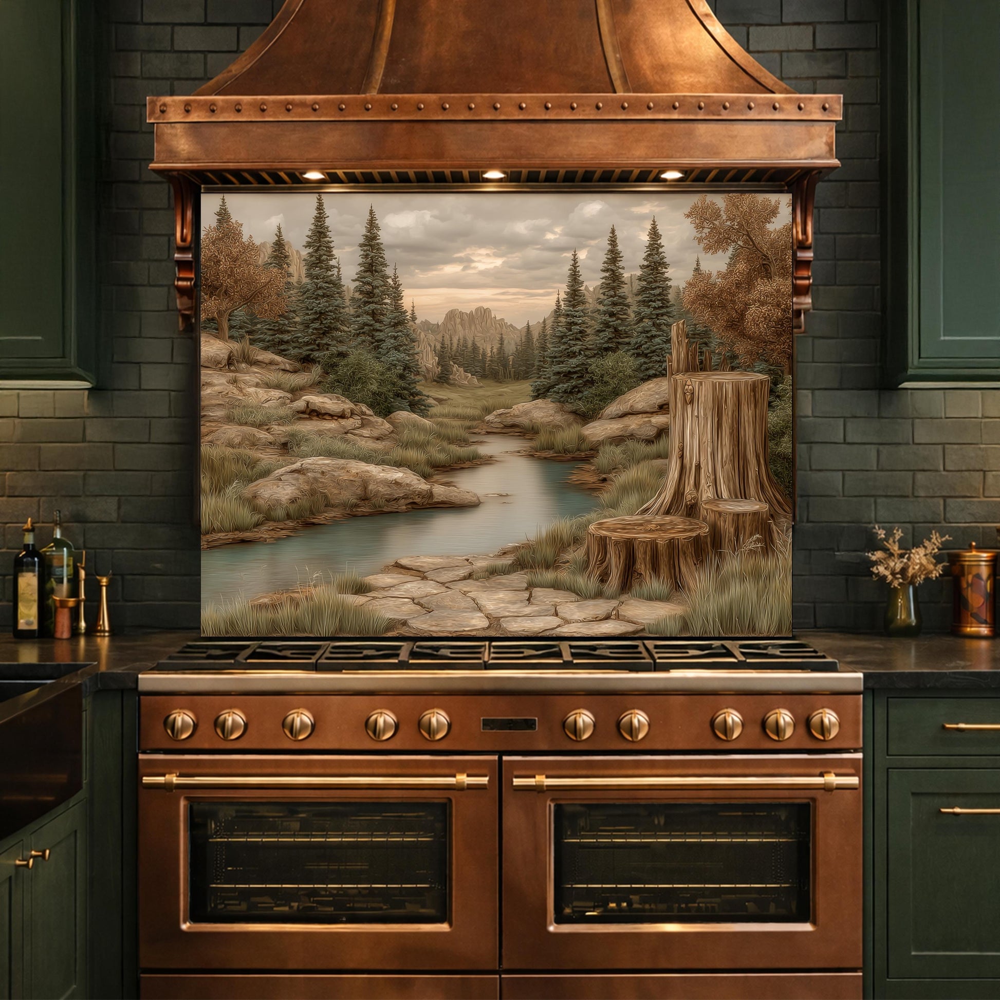 Mountain Wilderness Tempered Glass Backsplash, Copper Relief Look Wall Panel, Stove Guard