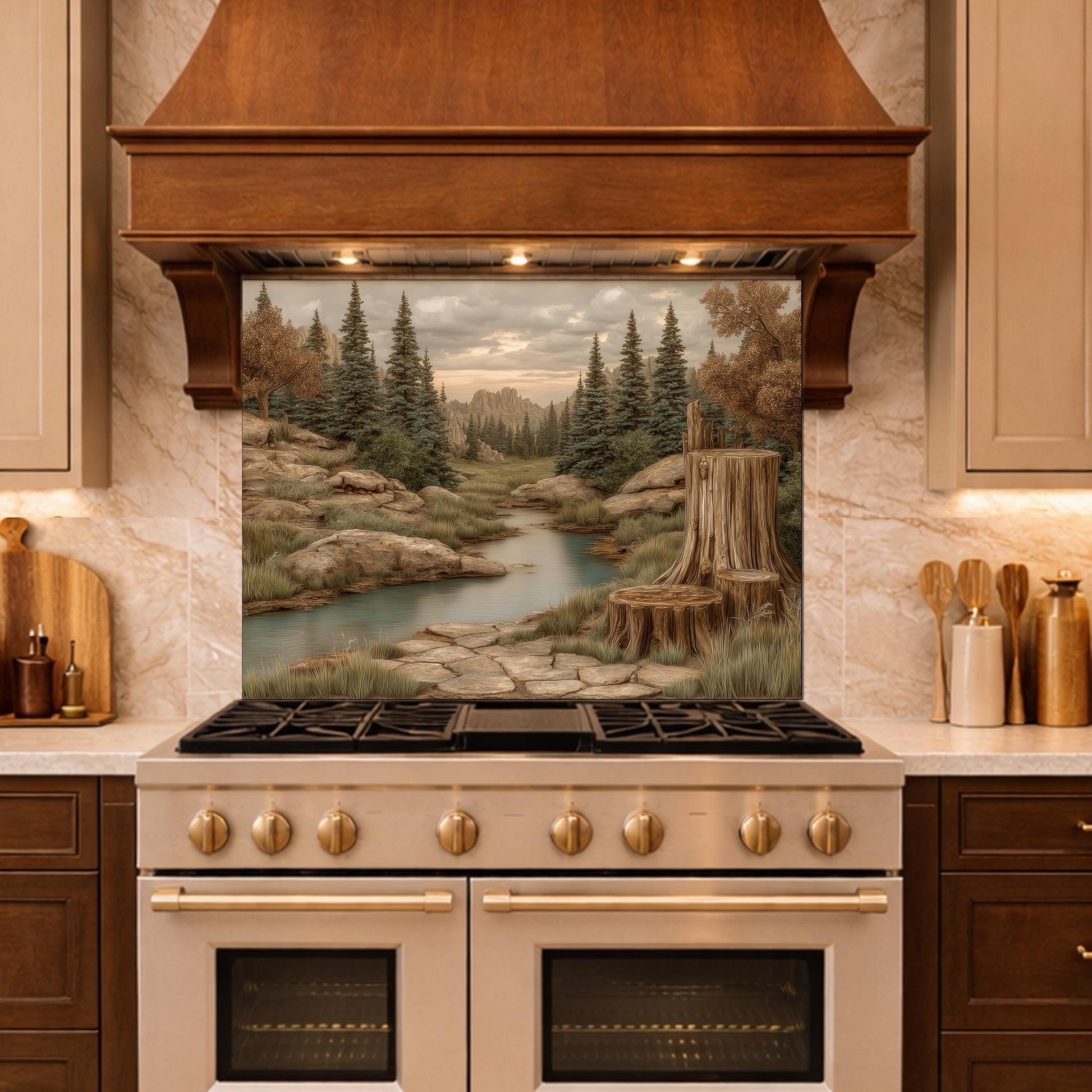 Mountain Wilderness Tempered Glass Backsplash, Copper Relief Look Wall Panel, Stove Guard