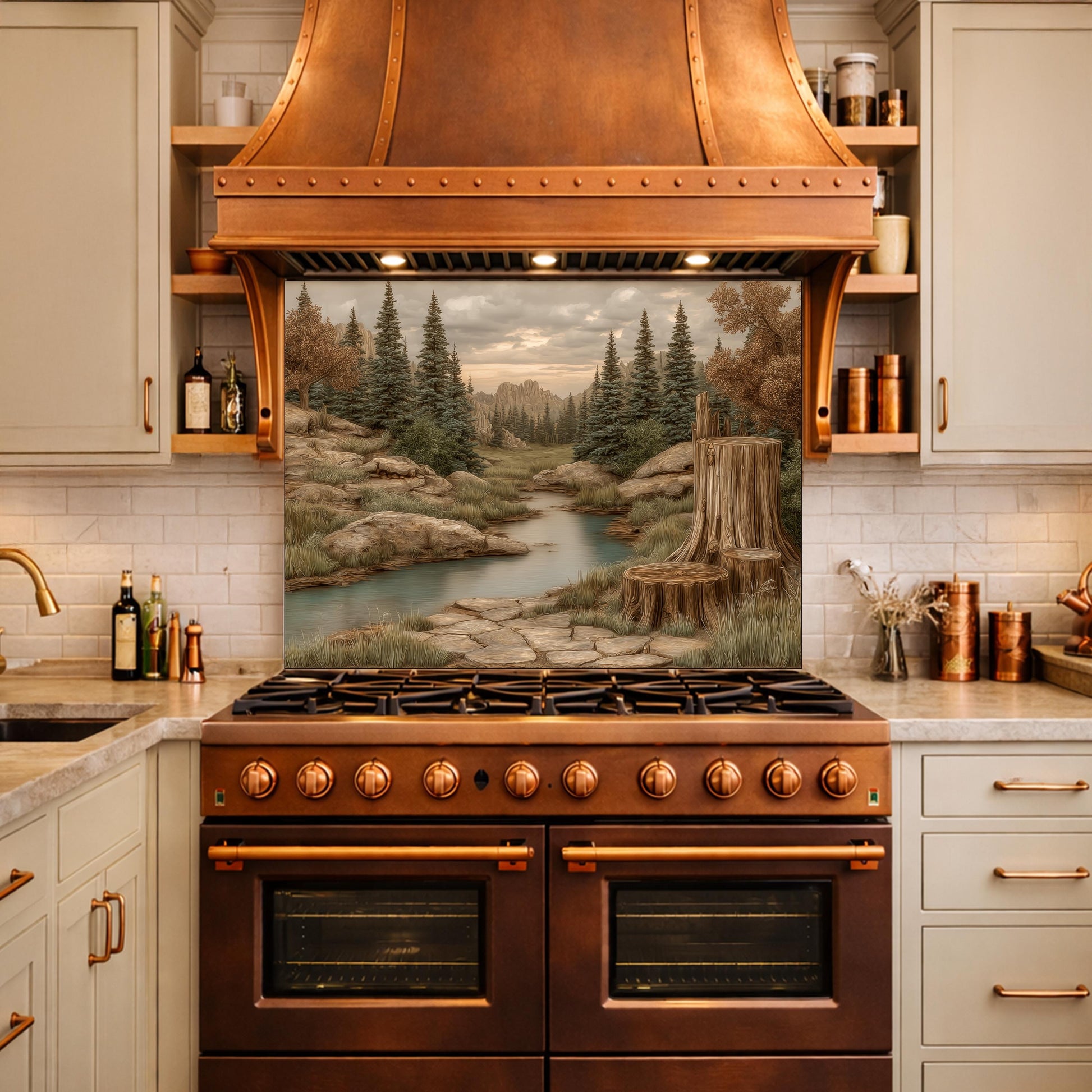 Mountain Wilderness Tempered Glass Backsplash, Copper Relief Look Wall Panel, Stove Guard