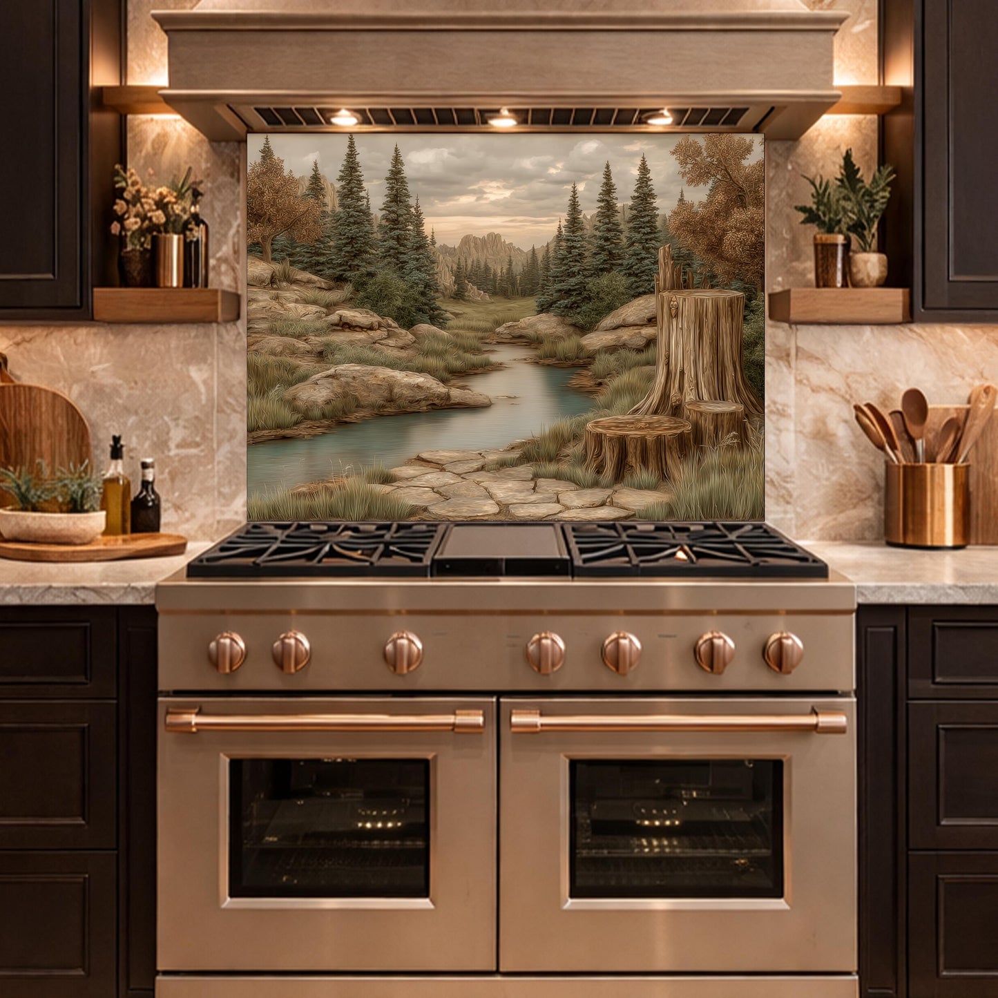 Mountain Wilderness Tempered Glass Backsplash, Copper Relief Look Wall Panel, Stove Guard