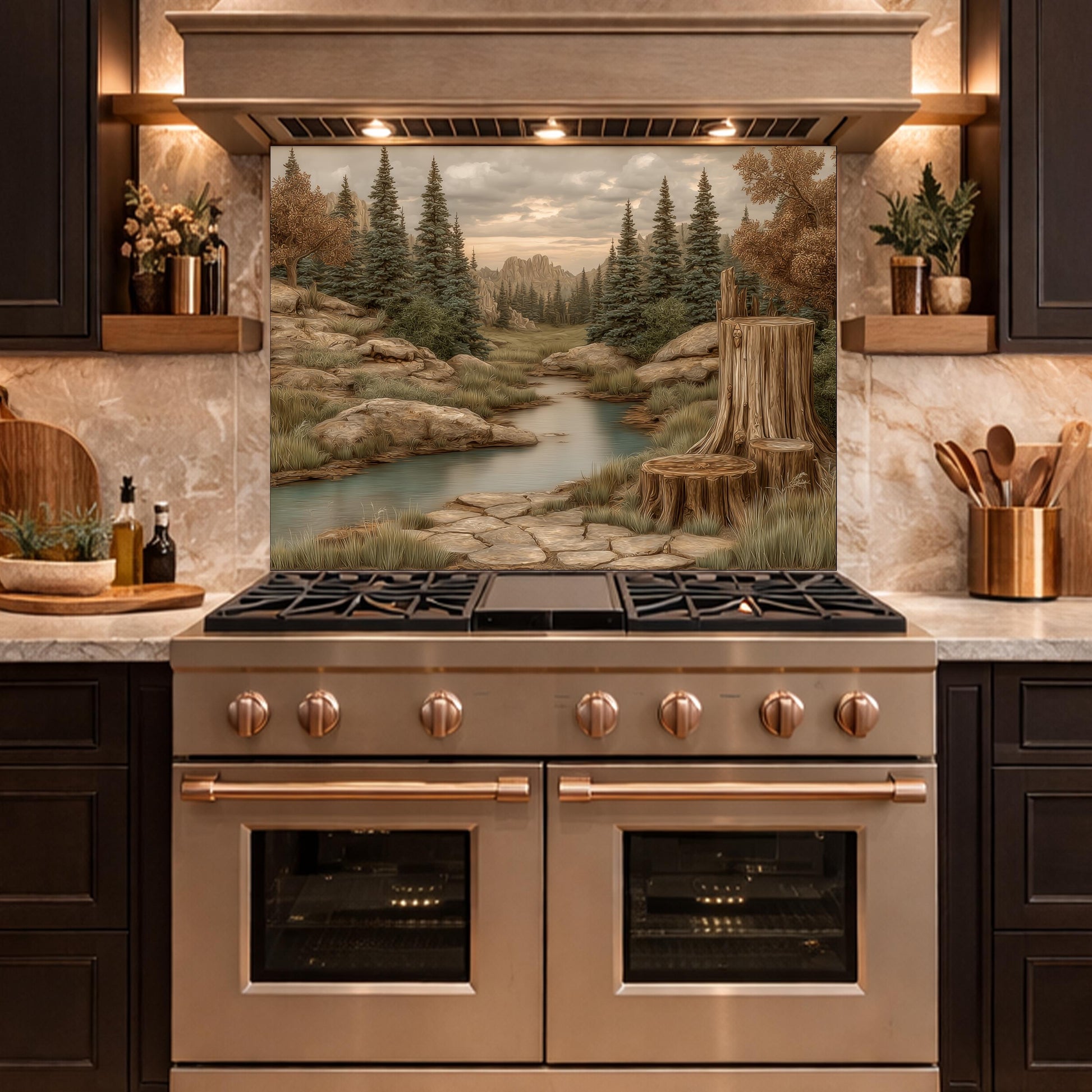Mountain Wilderness Tempered Glass Backsplash, Copper Relief Look Wall Panel, Stove Guard