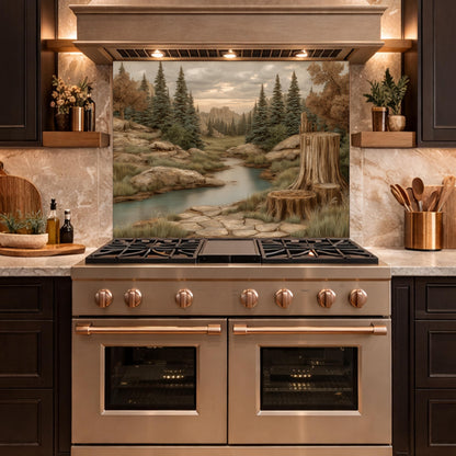 Mountain Wilderness Tempered Glass Backsplash, Copper Relief Look Wall Panel, Stove Guard