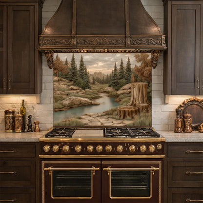 Mountain Wilderness Tempered Glass Backsplash, Copper Relief Look Wall Panel, Stove Guard