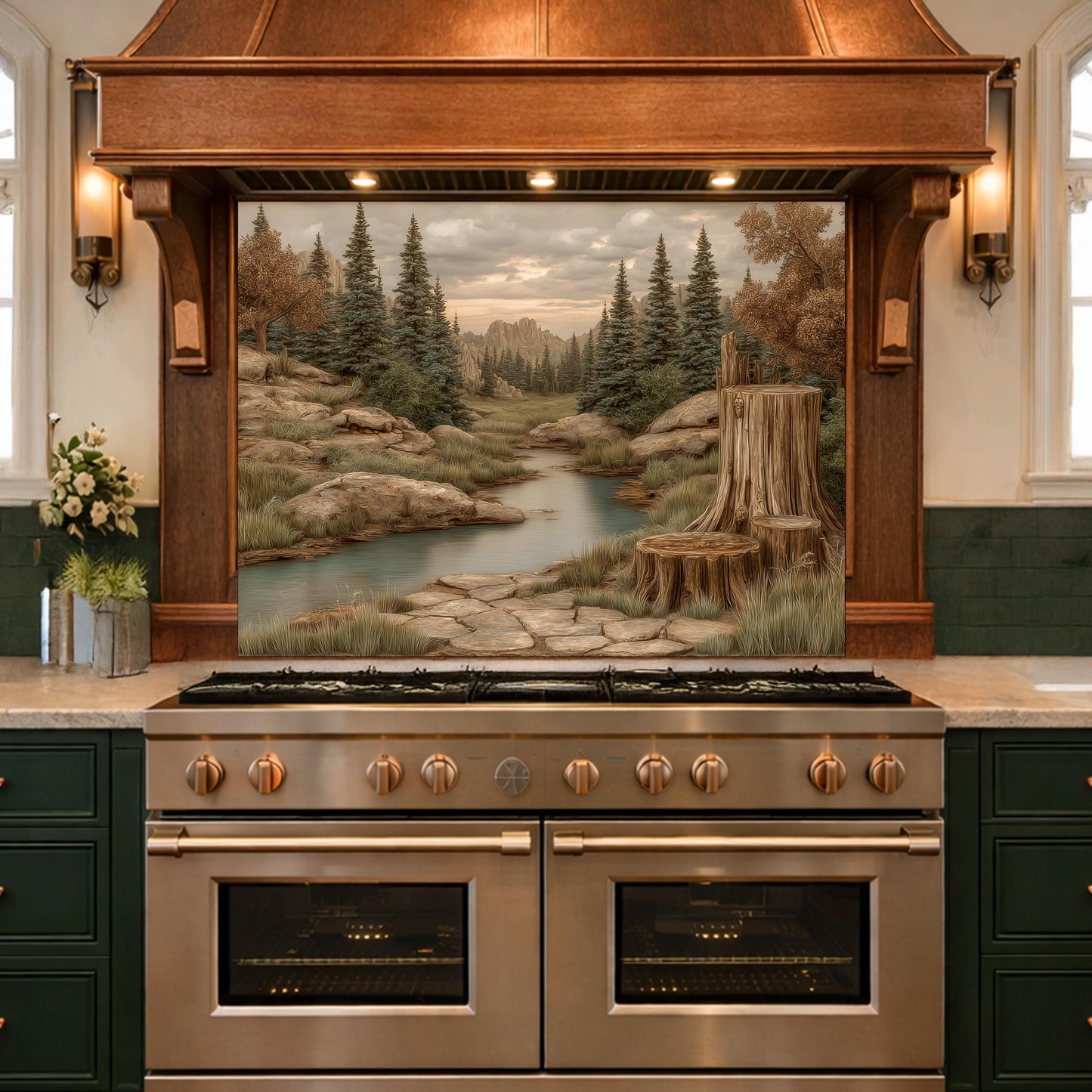 Mountain Wilderness Tempered Glass Backsplash, Copper Relief Look Wall Panel, Stove Guard