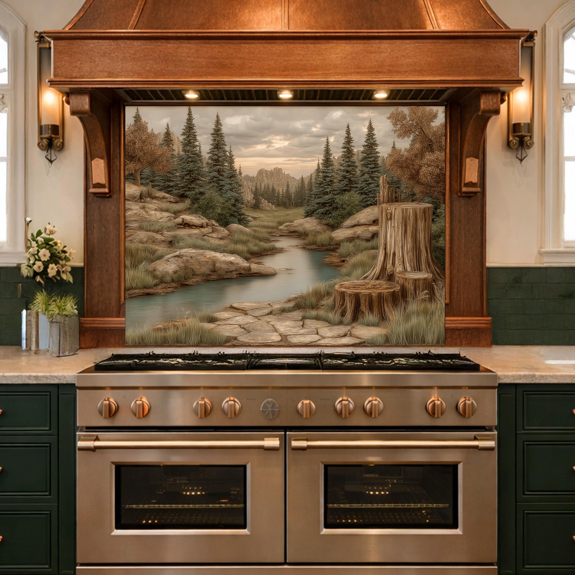 Mountain Wilderness Tempered Glass Backsplash, Copper Relief Look Wall Panel, Stove Guard
