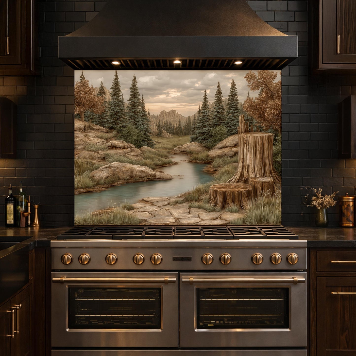 Mountain Wilderness Tempered Glass Backsplash, Copper Relief Look Wall Panel, Stove Guard