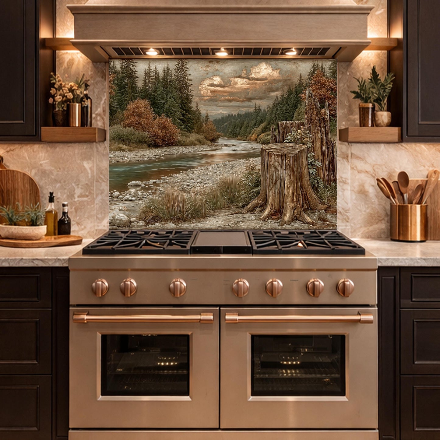 Mountain River Landscape Tempered Glass Backsplash, Copper Relief Look Wall Panel, Stove Guard