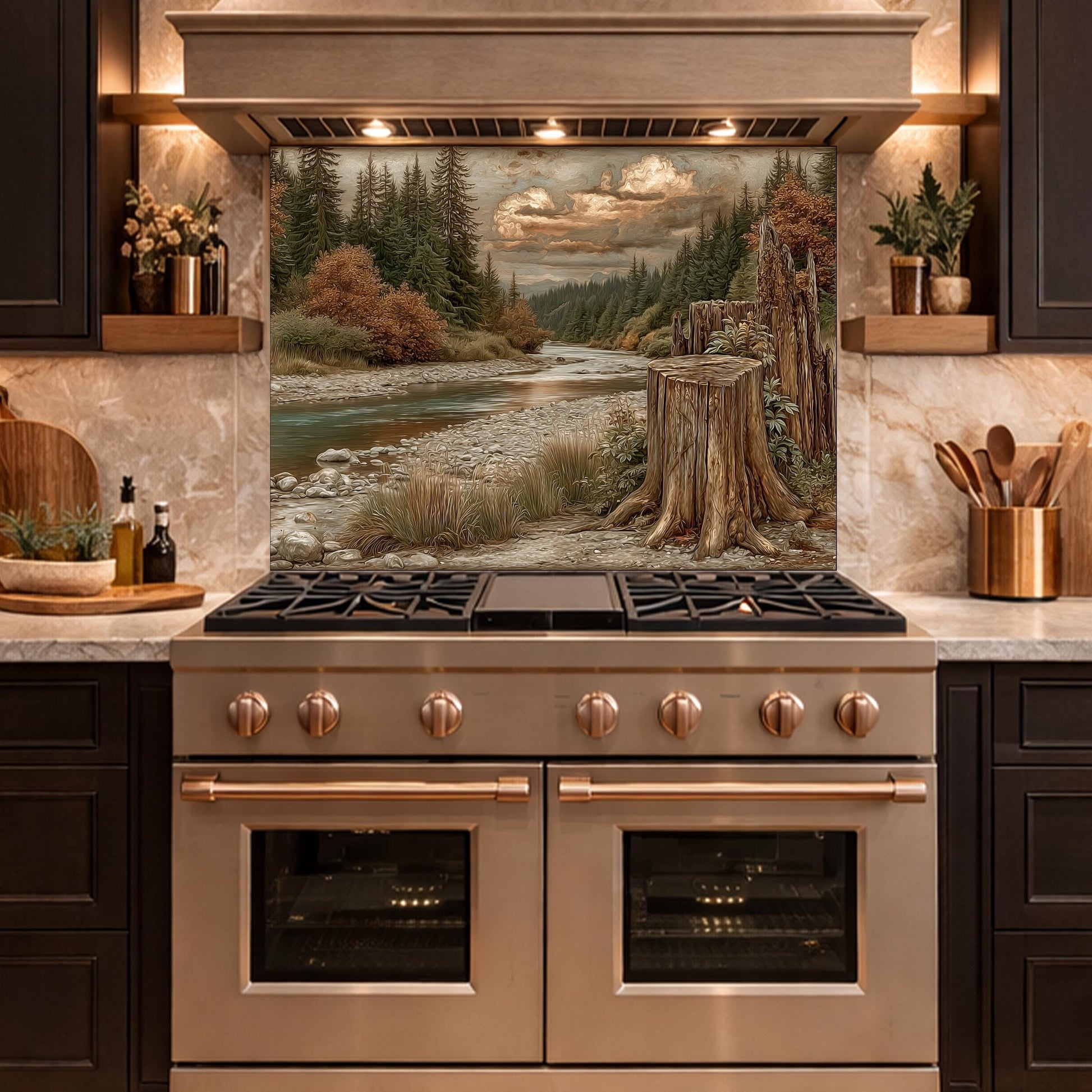 Mountain River Landscape Tempered Glass Backsplash, Copper Relief Look Wall Panel, Stove Guard