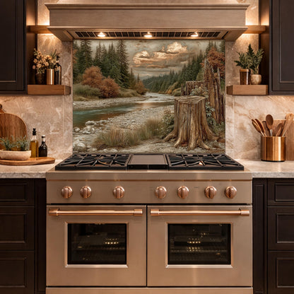 Mountain River Landscape Tempered Glass Backsplash, Copper Relief Look Wall Panel, Stove Guard