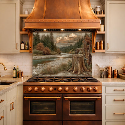 Mountain River Landscape Tempered Glass Backsplash, Copper Relief Look Wall Panel, Stove Guard