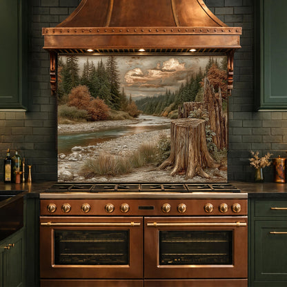 Mountain River Landscape Tempered Glass Backsplash, Copper Relief Look Wall Panel, Stove Guard