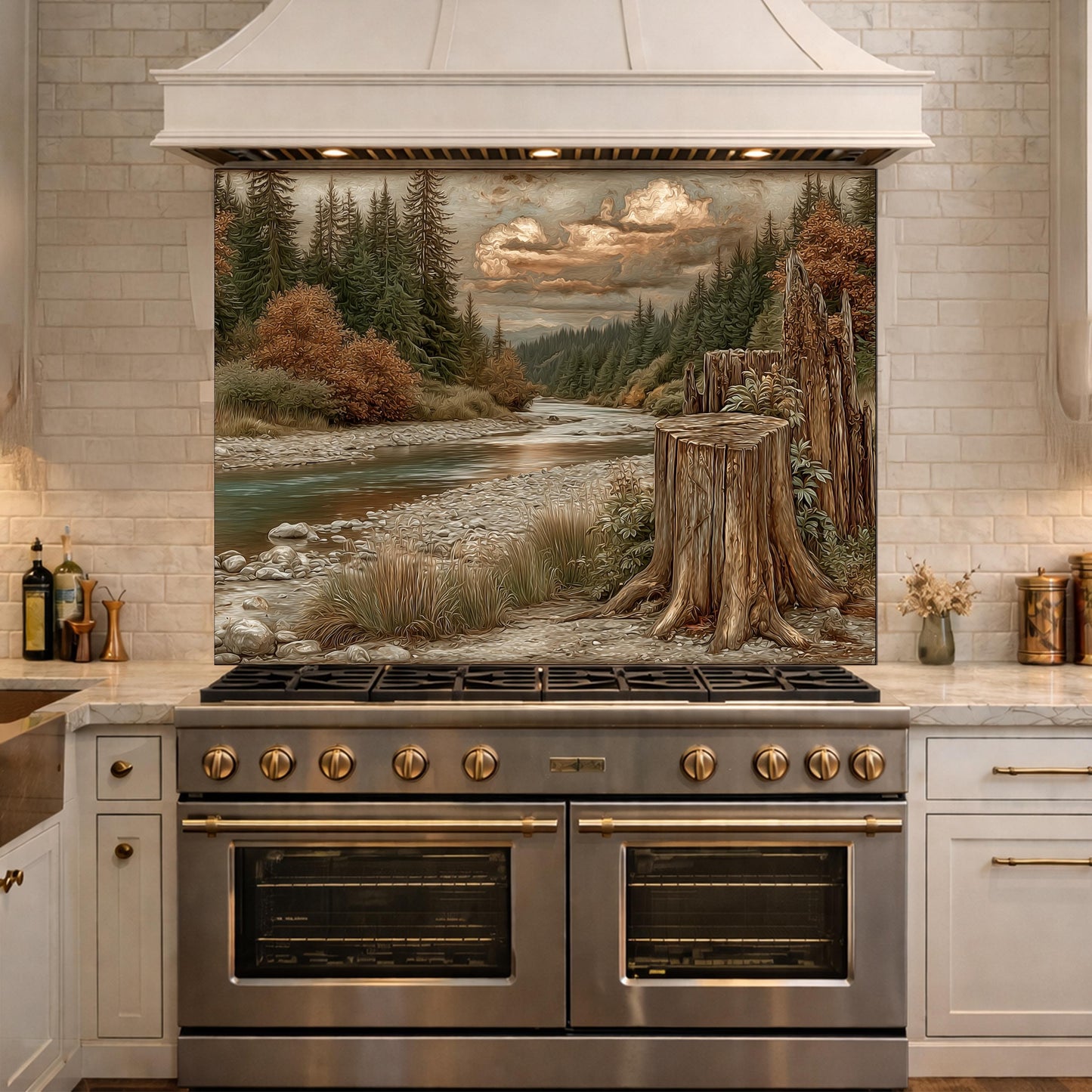 Mountain River Landscape Tempered Glass Backsplash, Copper Relief Look Wall Panel, Stove Guard