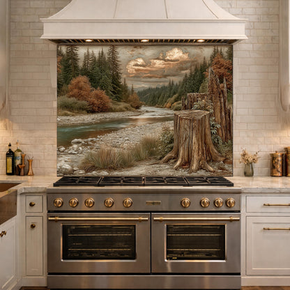 Mountain River Landscape Tempered Glass Backsplash, Copper Relief Look Wall Panel, Stove Guard
