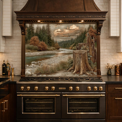 Mountain River Landscape Tempered Glass Backsplash, Copper Relief Look Wall Panel, Stove Guard