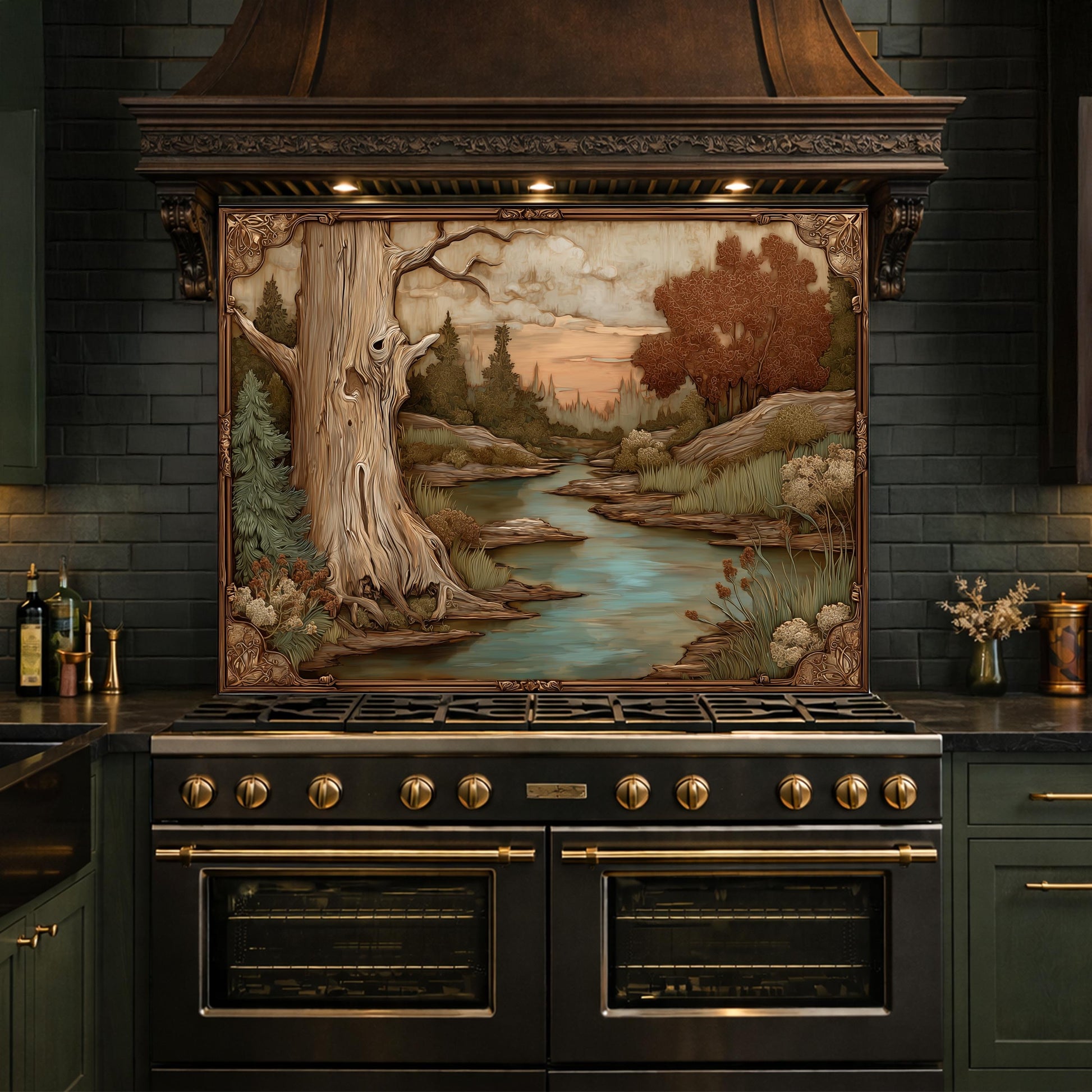 Moonlit Lake and Cabin Tempered Glass Backsplash, Copper Relief Look Wall Panel, Stove Guard