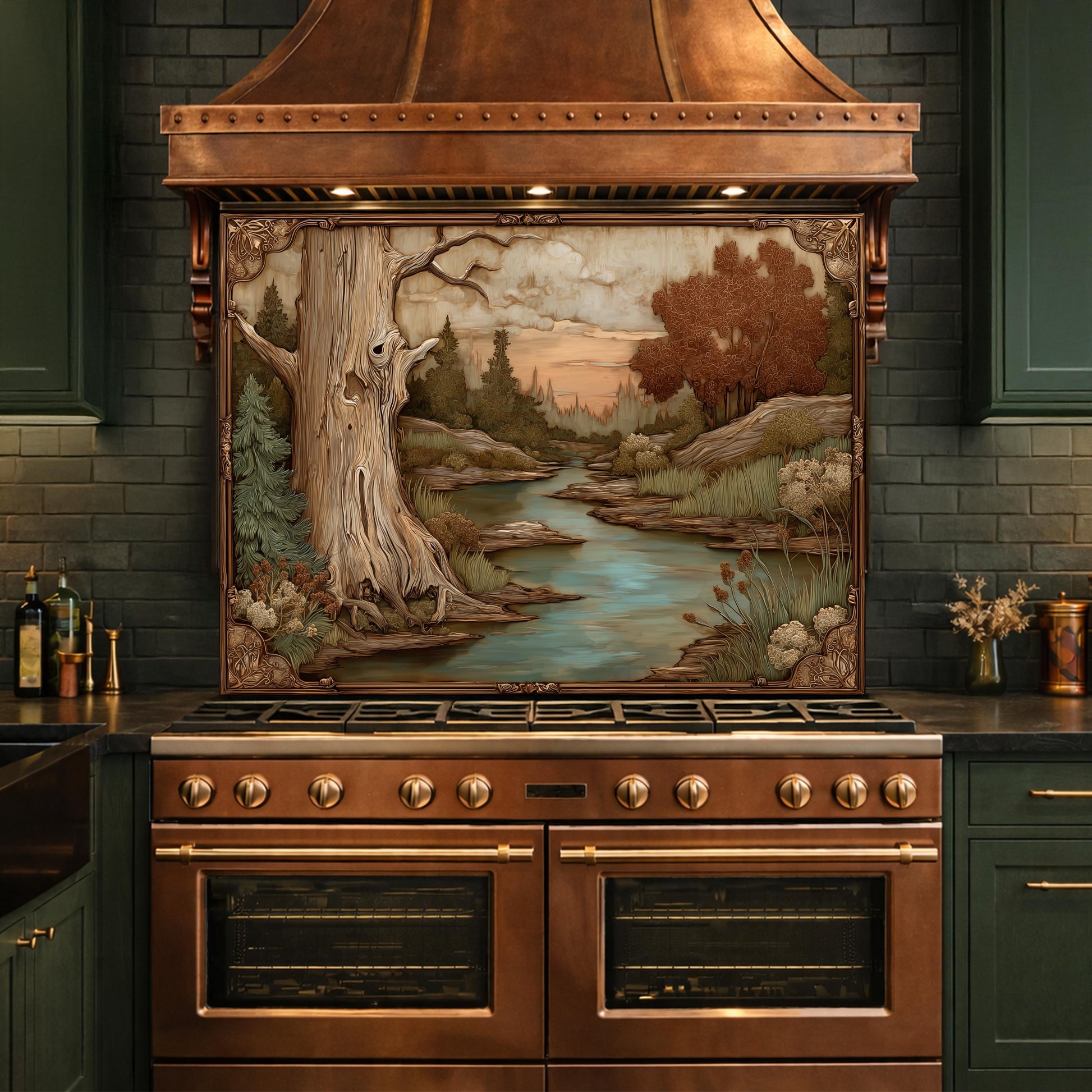 Moonlit Lake and Cabin Tempered Glass Backsplash, Copper Relief Look Wall Panel, Stove Guard