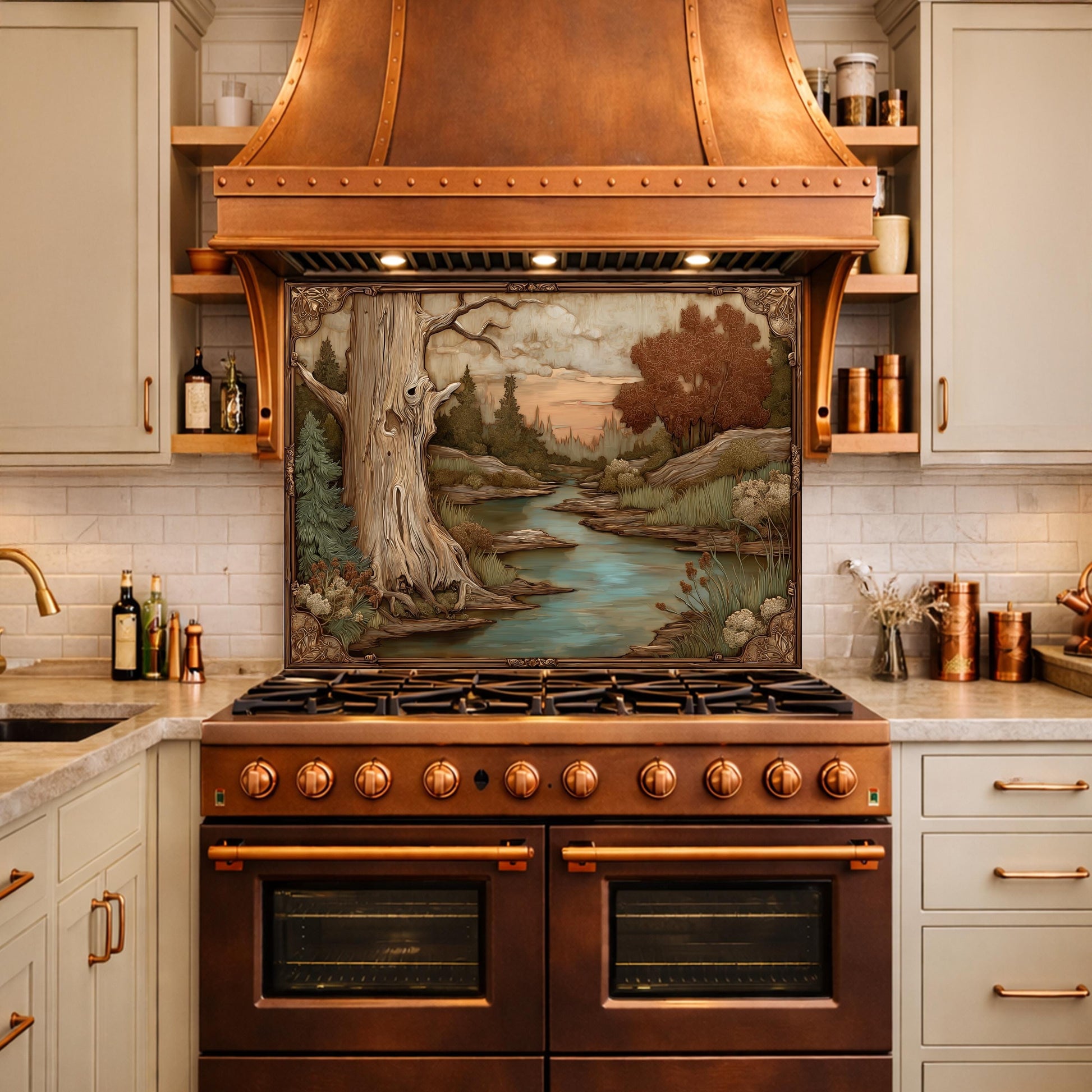 Moonlit Lake and Cabin Tempered Glass Backsplash, Copper Relief Look Wall Panel, Stove Guard