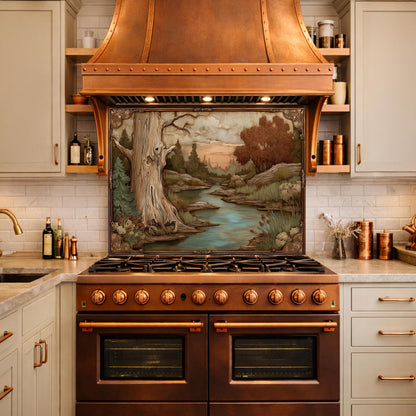 Moonlit Lake and Cabin Tempered Glass Backsplash, Copper Relief Look Wall Panel, Stove Guard