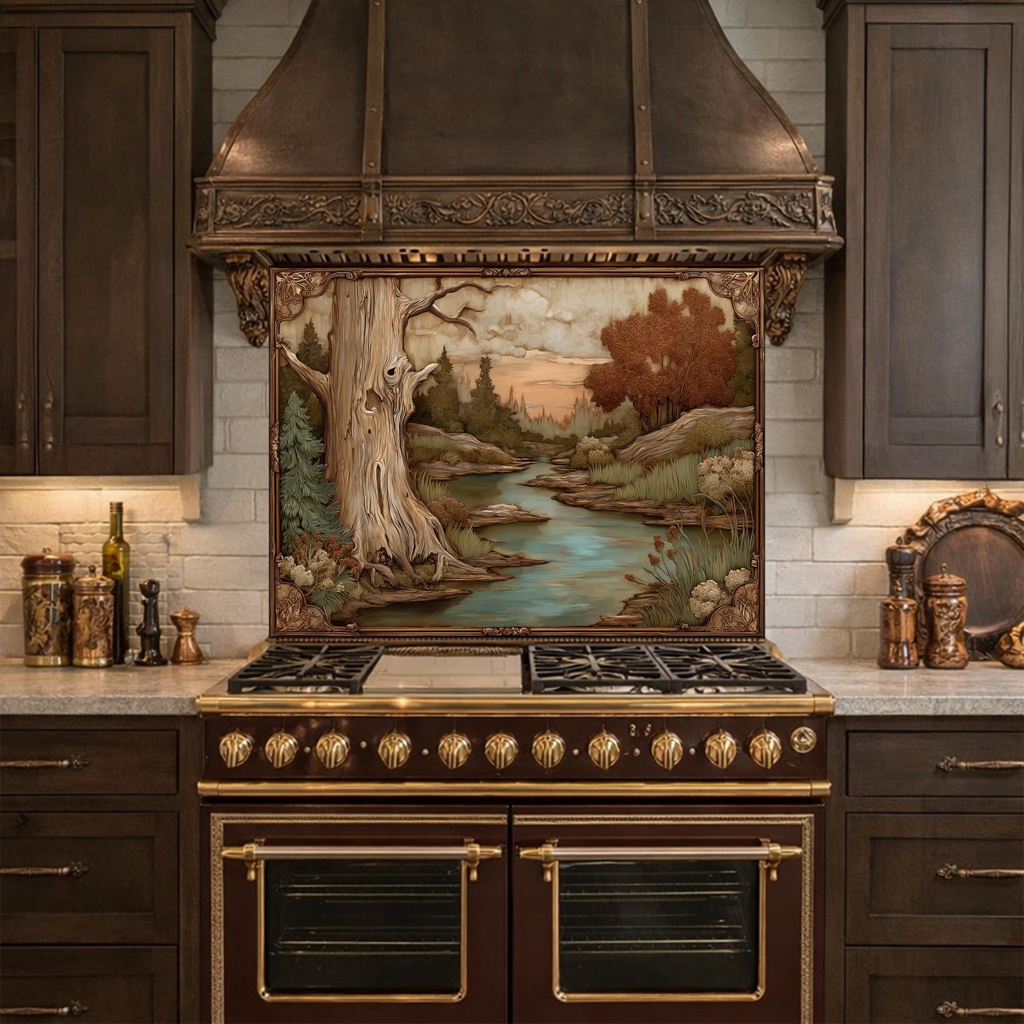 Moonlit Lake and Cabin Tempered Glass Backsplash, Copper Relief Look Wall Panel, Stove Guard