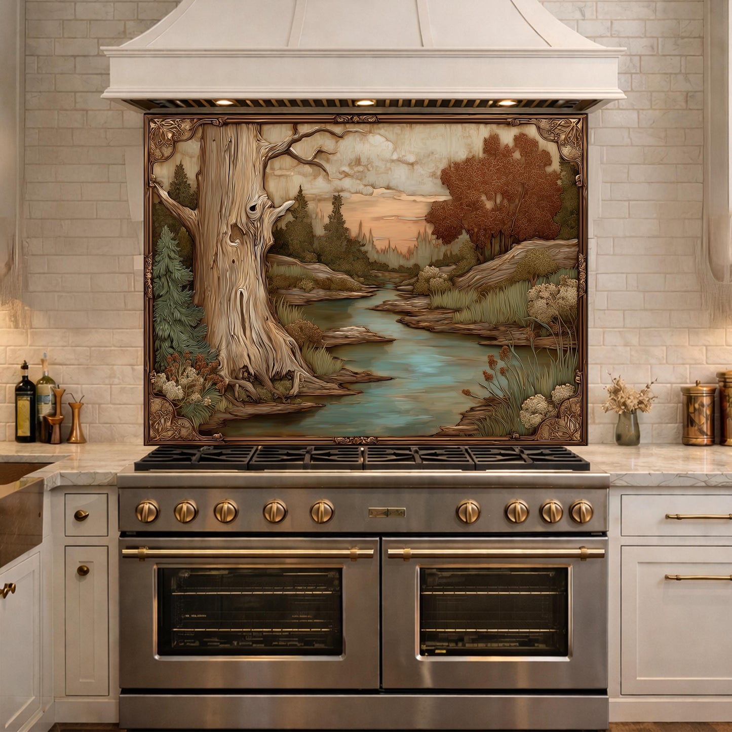 Moonlit Lake and Cabin Tempered Glass Backsplash, Copper Relief Look Wall Panel, Stove Guard