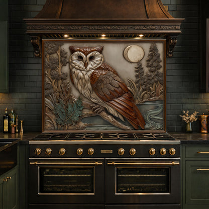 Moonlit Owl and Forest Tempered Glass Backsplash, Copper Relief Look Wall Panel
