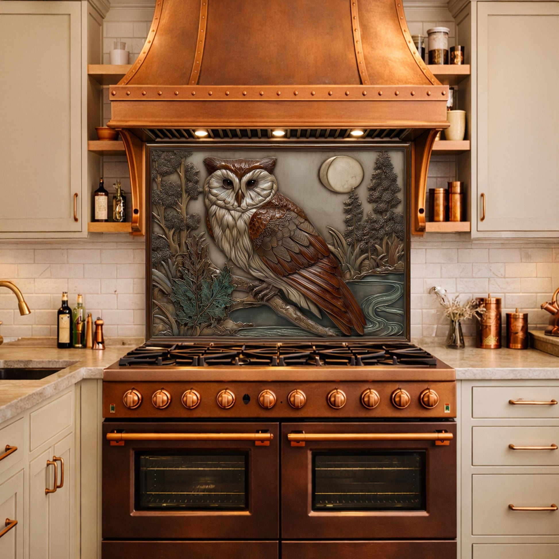 Moonlit Owl and Forest Tempered Glass Backsplash, Copper Relief Look Wall Panel