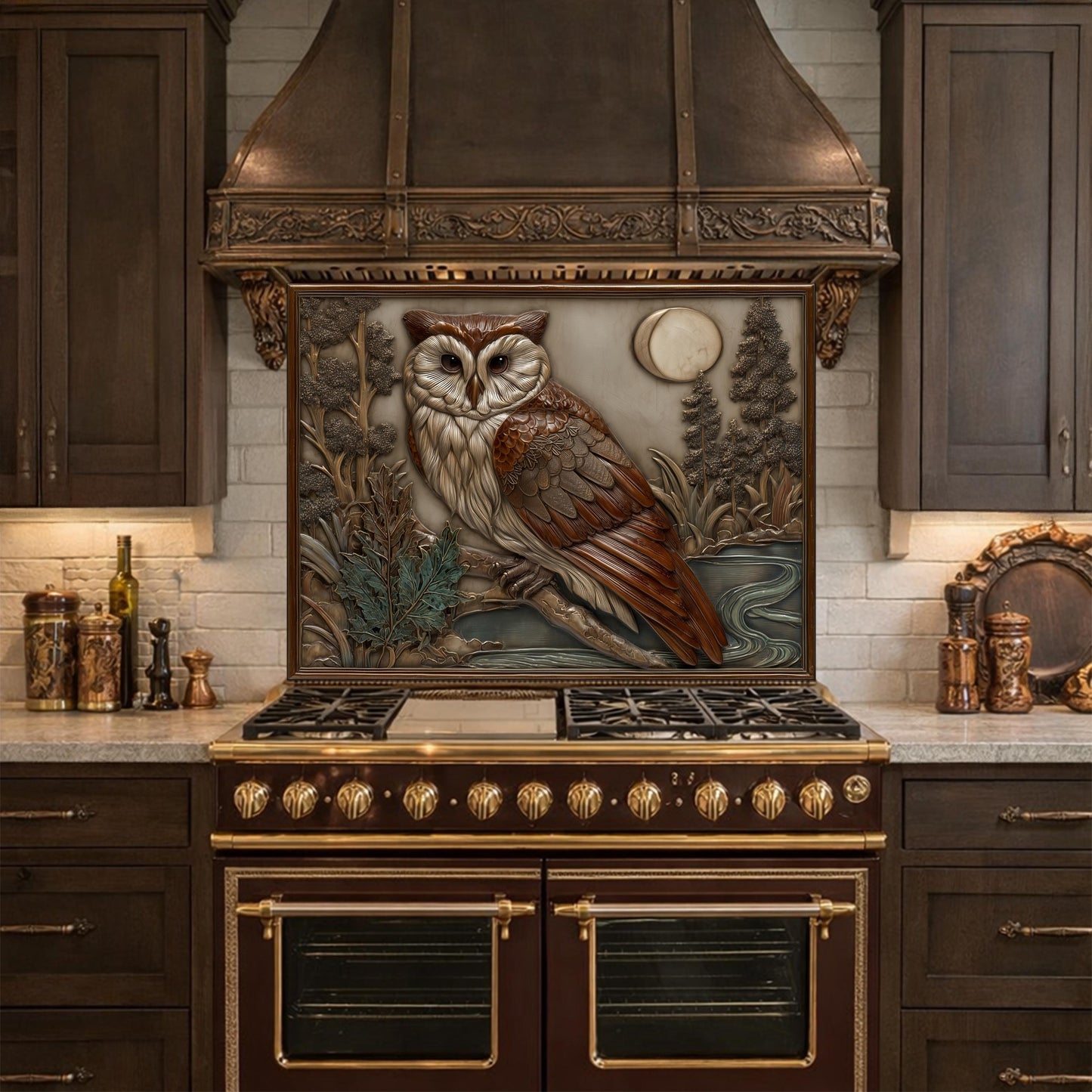 Moonlit Owl and Forest Tempered Glass Backsplash, Copper Relief Look Wall Panel