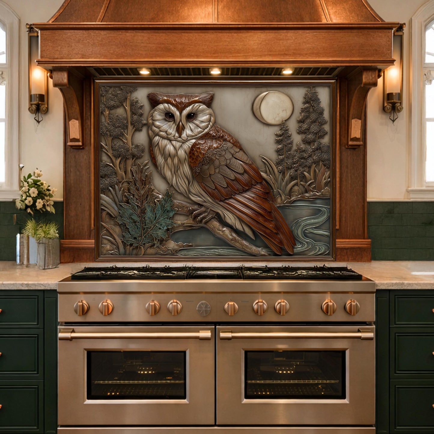 Moonlit Owl and Forest Tempered Glass Backsplash, Copper Relief Look Wall Panel