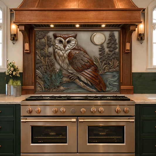 Moonlit Owl and Forest Tempered Glass Backsplash, Copper Relief Look Wall Panel