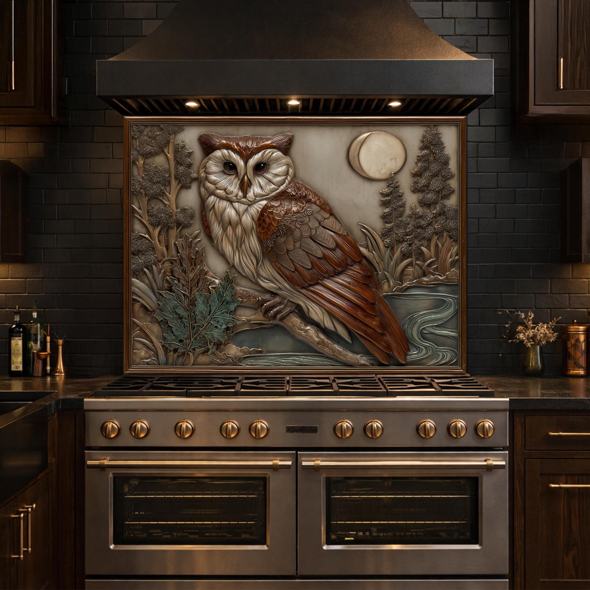 Moonlit Owl and Forest Tempered Glass Backsplash, Copper Relief Look Wall Panel
