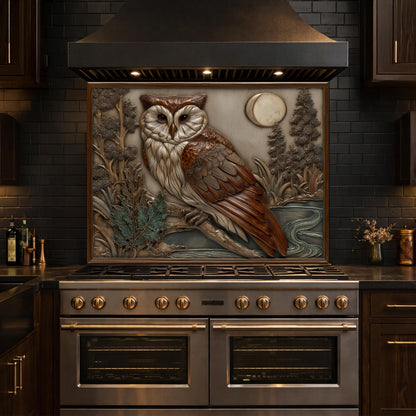Moonlit Owl and Forest Tempered Glass Backsplash, Copper Relief Look Wall Panel