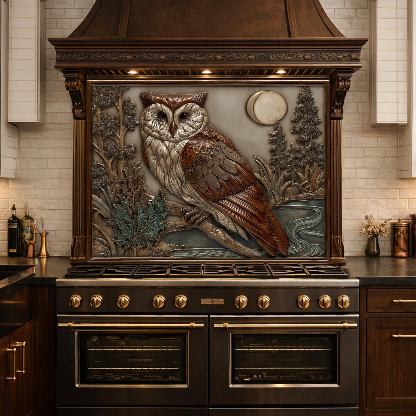 Moonlit Owl and Forest Tempered Glass Backsplash, Copper Relief Look Wall Panel