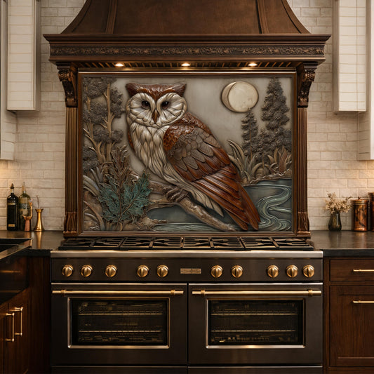 Moonlit Owl and Forest Tempered Glass Backsplash, Copper Relief Look Wall Panel