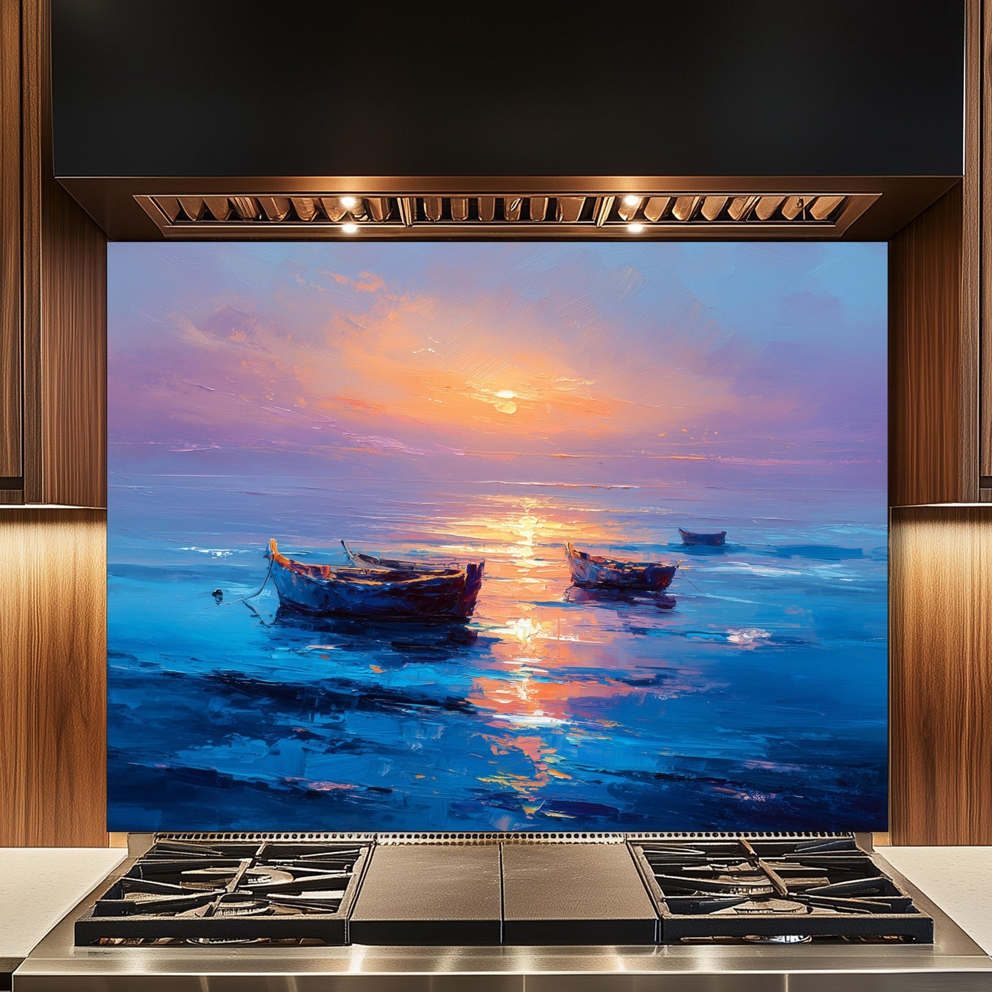 Serene Sunset Boats Tempered Glass Backsplash, Vibrant Oil Painting Style Wall Art