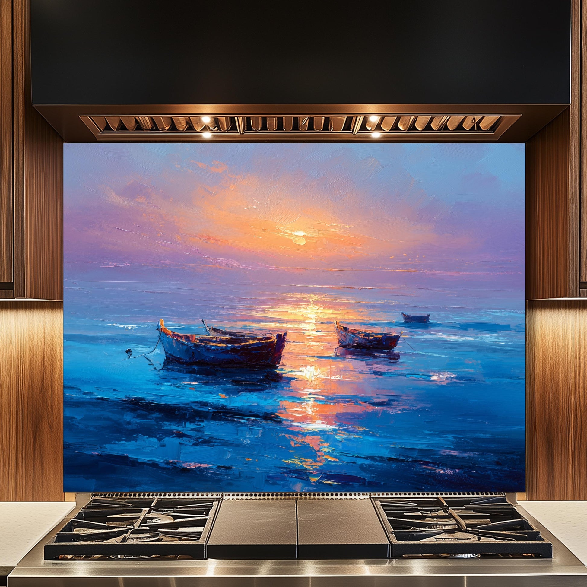 Serene Sunset Boats Tempered Glass Backsplash, Vibrant Oil Painting Style Wall Art