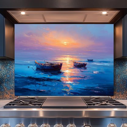 Serene Sunset Boats Tempered Glass Backsplash, Vibrant Oil Painting Style Wall Art