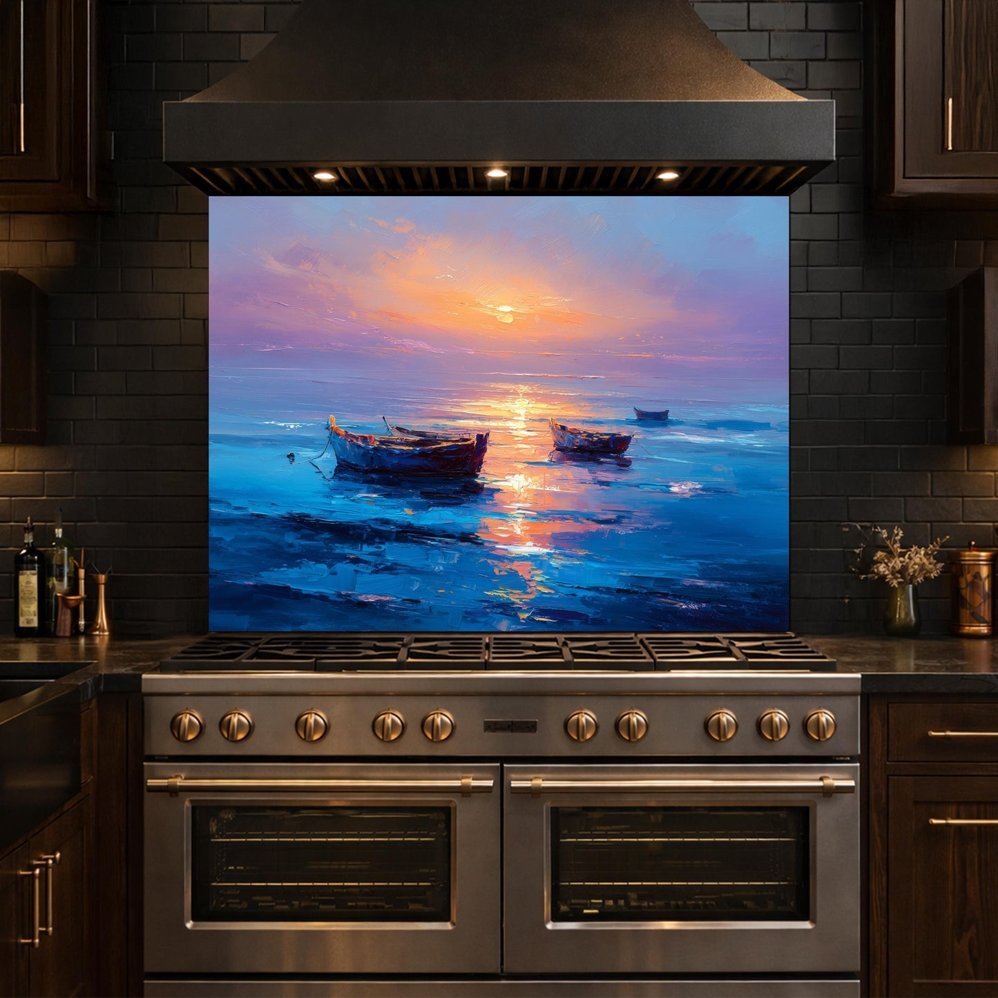 Serene Sunset Boats Tempered Glass Backsplash, Vibrant Oil Painting Style Wall Art