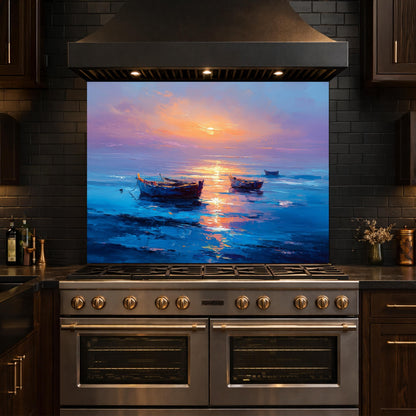 Serene Sunset Boats Tempered Glass Backsplash, Vibrant Oil Painting Style Wall Art