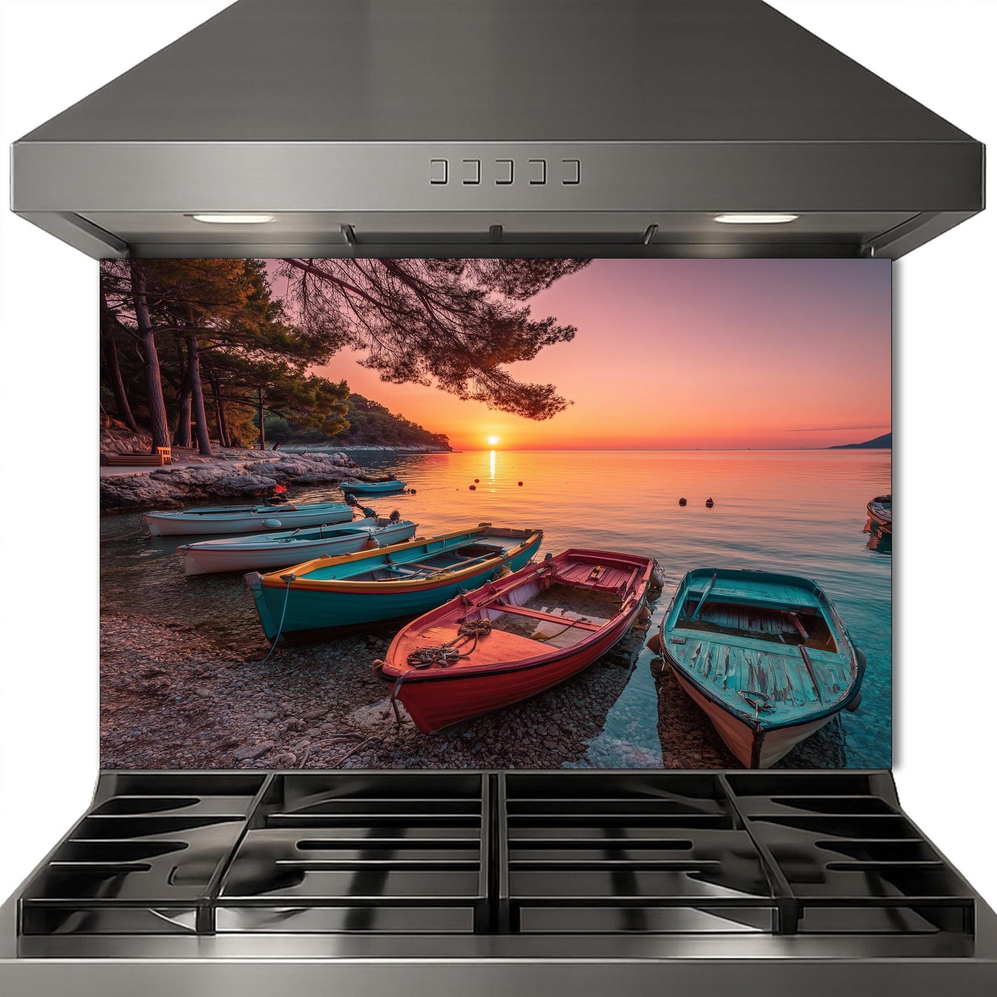 Colorful Boats at Sunset Tempered Glass Backsplash, Coastal Landscape Wall Art