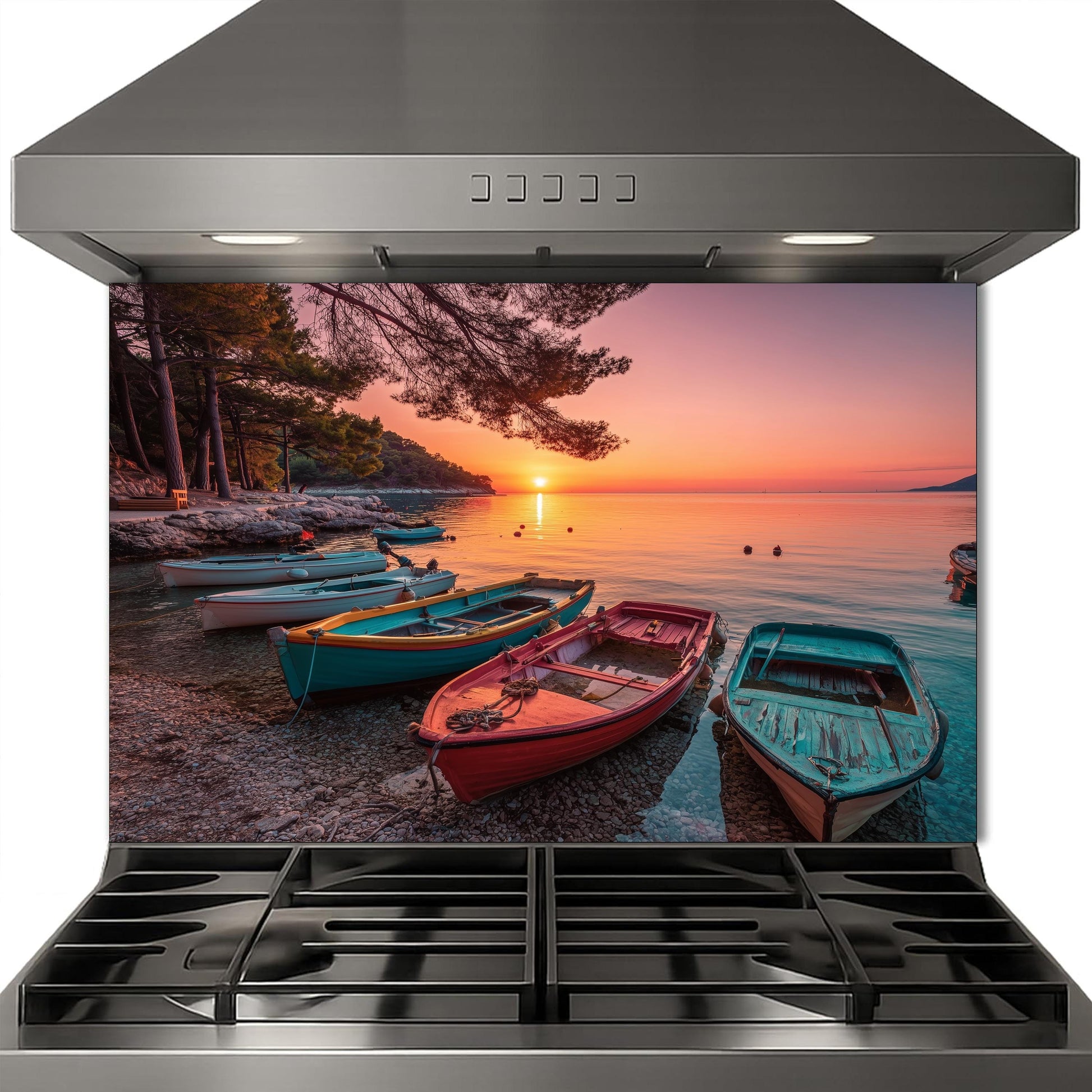 Colorful Boats at Sunset Tempered Glass Backsplash, Coastal Landscape Wall Art