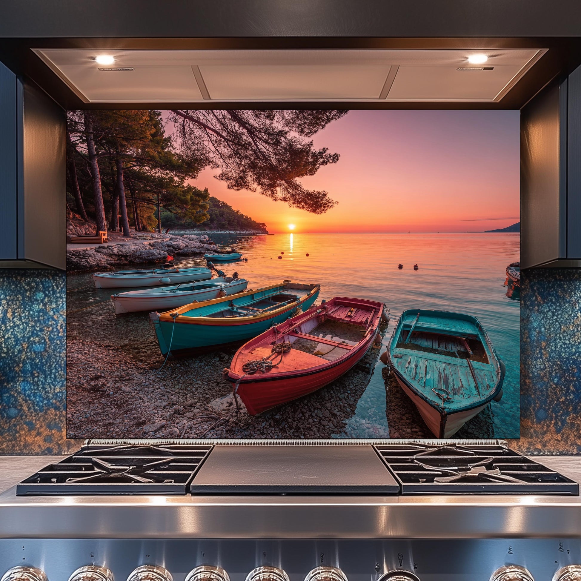 Colorful Boats at Sunset Tempered Glass Backsplash, Coastal Landscape Wall Art