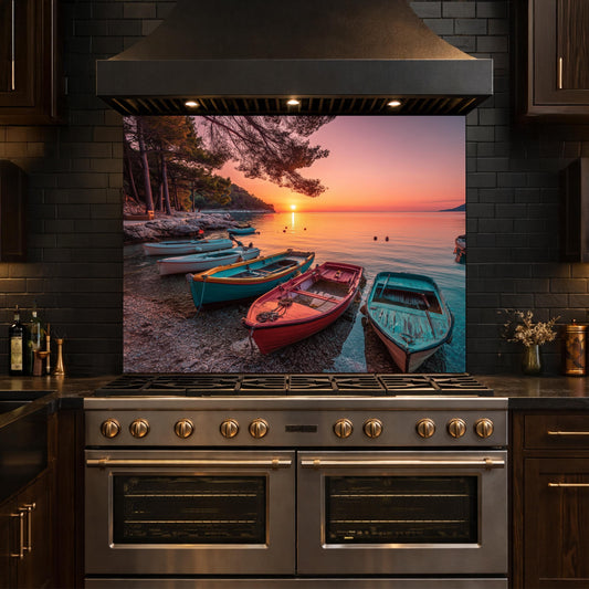 Colorful Boats at Sunset Tempered Glass Backsplash, Coastal Landscape Wall Art