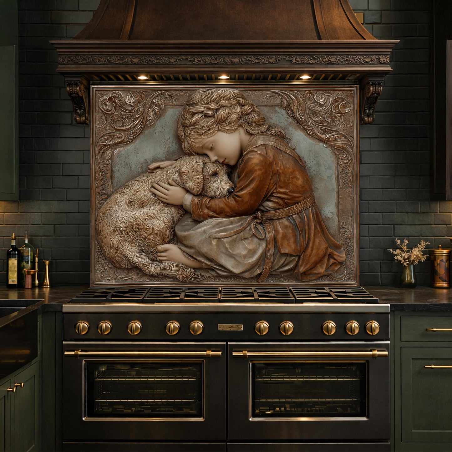 Young Girl and Golden Retriever Tempered Glass Backsplash, Copper Relief Look Wall Panel