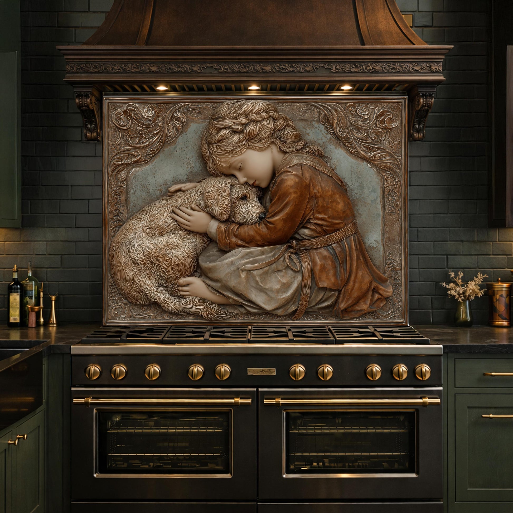 Young Girl and Golden Retriever Tempered Glass Backsplash, Copper Relief Look Wall Panel