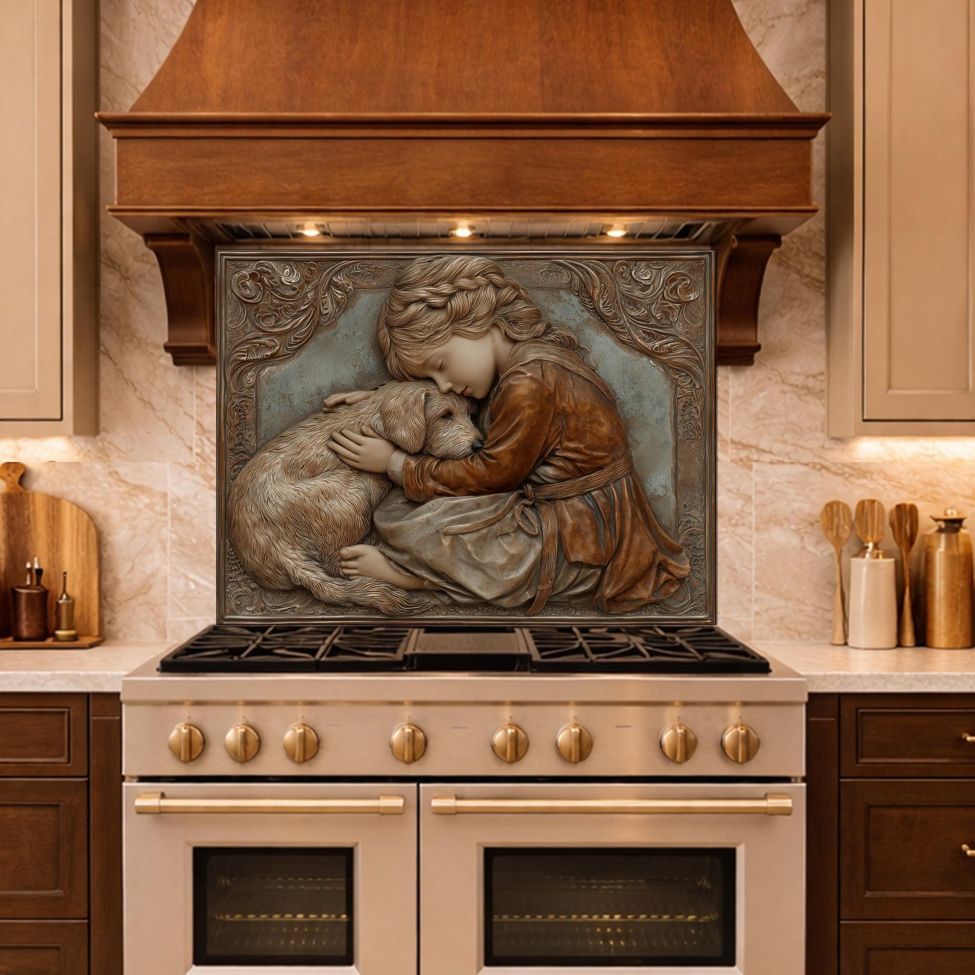 Young Girl and Golden Retriever Tempered Glass Backsplash, Copper Relief Look Wall Panel