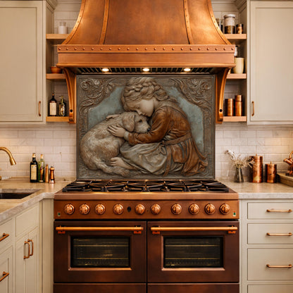 Young Girl and Golden Retriever Tempered Glass Backsplash, Copper Relief Look Wall Panel