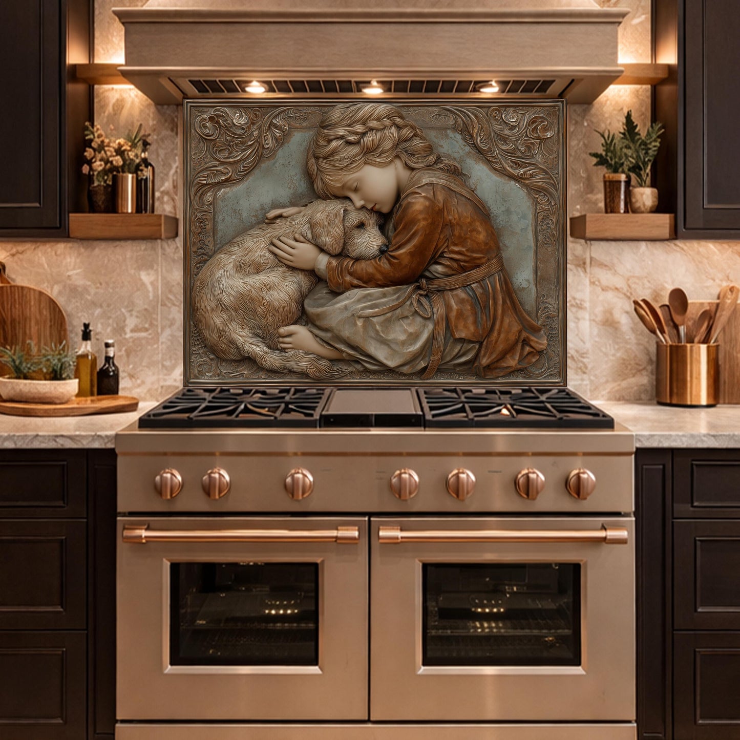 Young Girl and Golden Retriever Tempered Glass Backsplash, Copper Relief Look Wall Panel