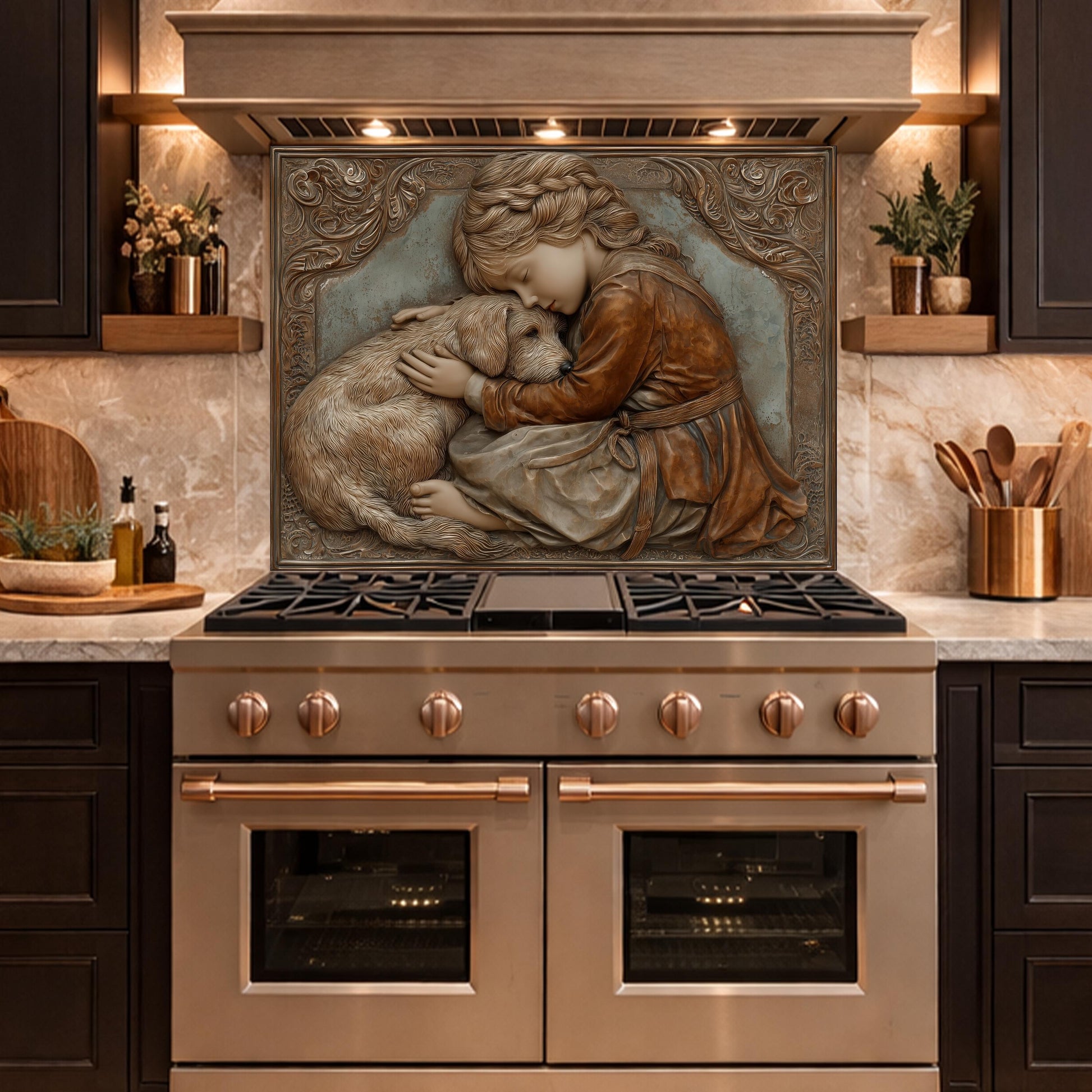 Young Girl and Golden Retriever Tempered Glass Backsplash, Copper Relief Look Wall Panel